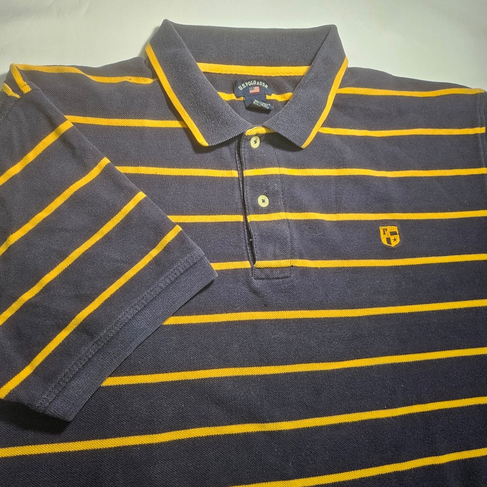 US Polo Assn Mens Large Navy Blue Yellow Striped Short Sleeve Pique Polo Shirt